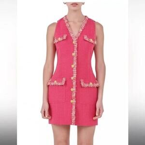 Endless Rose Tweed Button Down V-Neck Mini Sheath Dress Pink Women's Size Small
